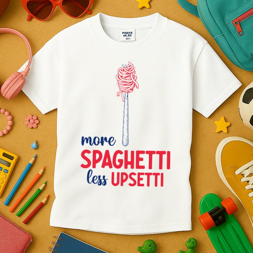More Spaghetti Less Upsetti Funny Food Meme Kids T-Shirt
