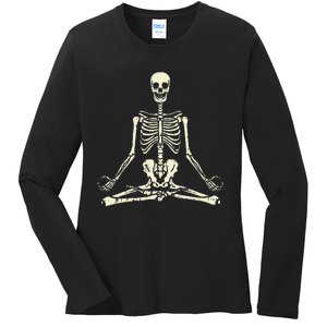 Meditating Skeleton Lotus Yoga Zen Balance Halloween Costume Ladies Long Sleeve Shirt