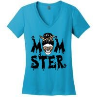 Momster Skull Leopard Kerchief Halloween Funny Mom Monster Funny Gift Women's V-Neck T-Shirt