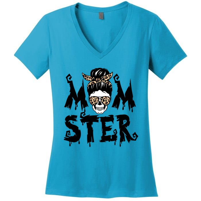 Momster Skull Leopard Kerchief Halloween Funny Mom Monster Funny Gift Women's V-Neck T-Shirt