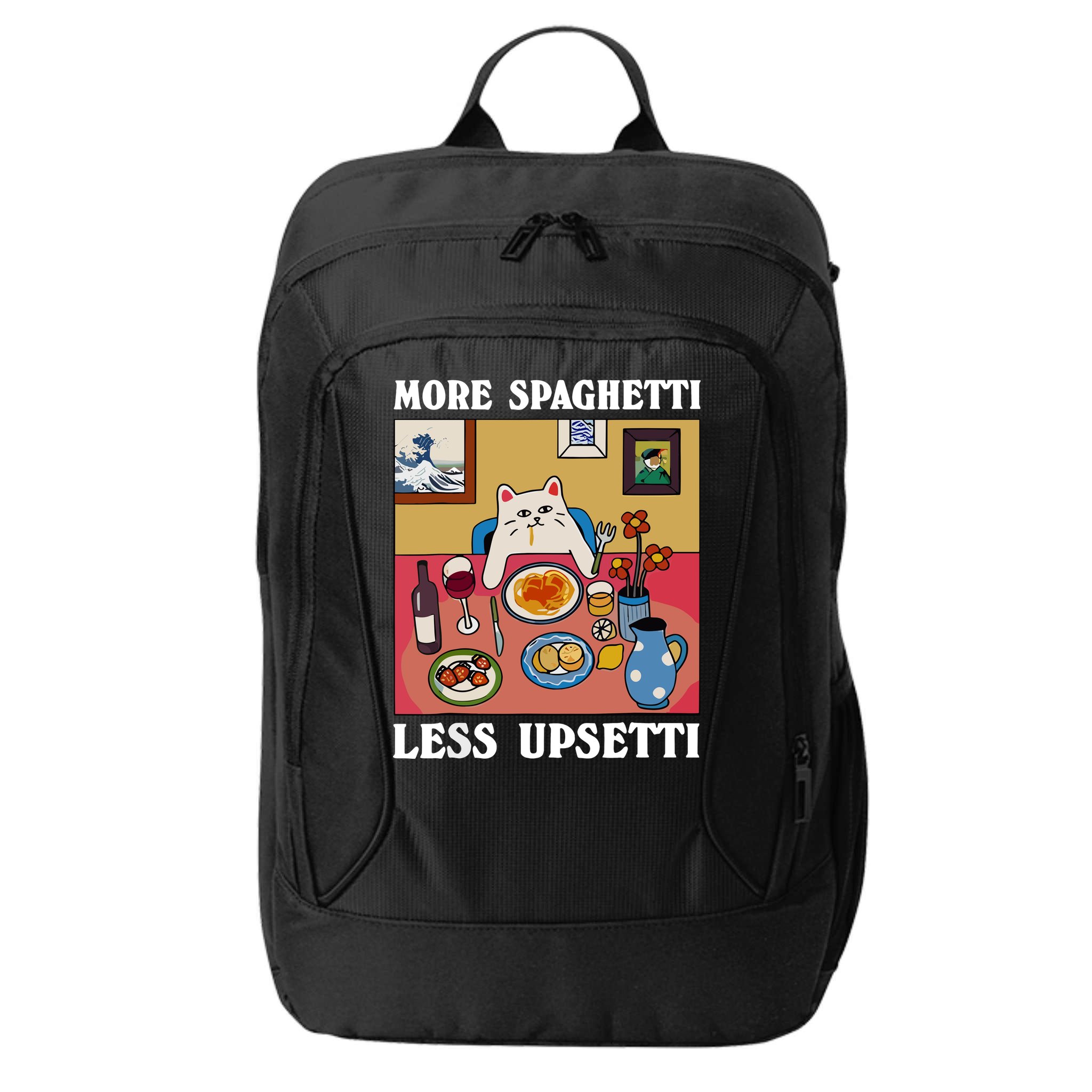 More Spaghetti Less Upsetti Funny Cute Cat Saying Quote City Backpack