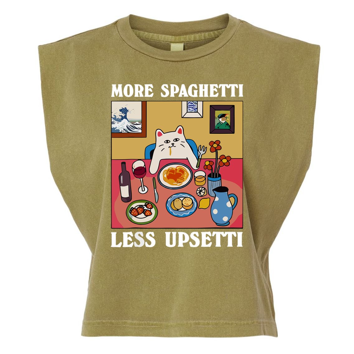 More Spaghetti Less Upsetti Funny Cute Cat Saying Quote Garment-Dyed Women's Muscle Tee