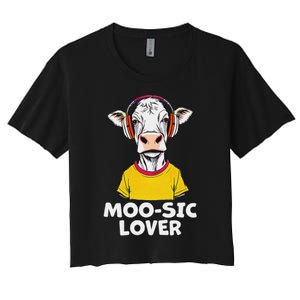 Moo Sic Lover Funny Cow With Headphones Design Music Fans Women's Crop Top Tee