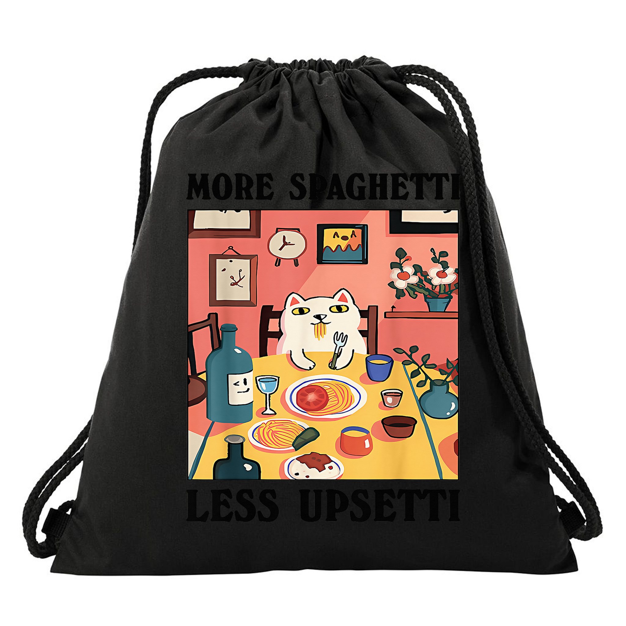 More Spaghetti Less Upsetti Cat Eating Spaghetti Drawstring Bag