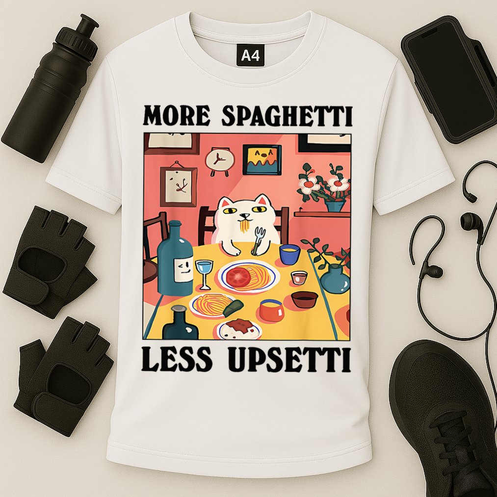 More Spaghetti Less Upsetti Cat Eating Spaghetti Performance Shirt