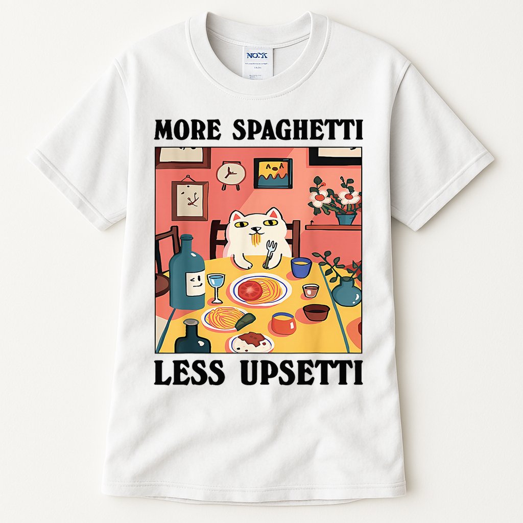 More Spaghetti Less Upsetti Cat Eating Spaghetti Tall T-Shirt