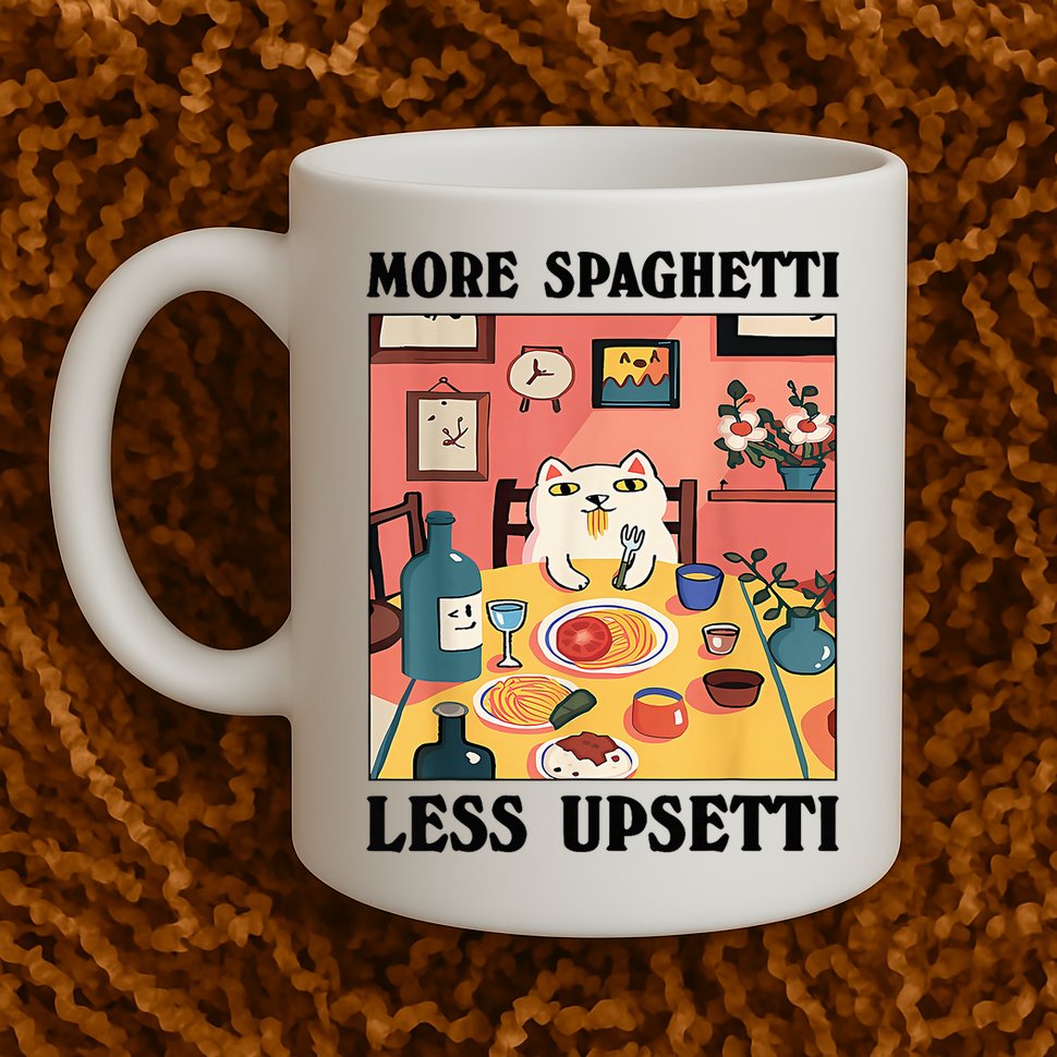 More Spaghetti Less Upsetti Cat Eating Spaghetti Mug