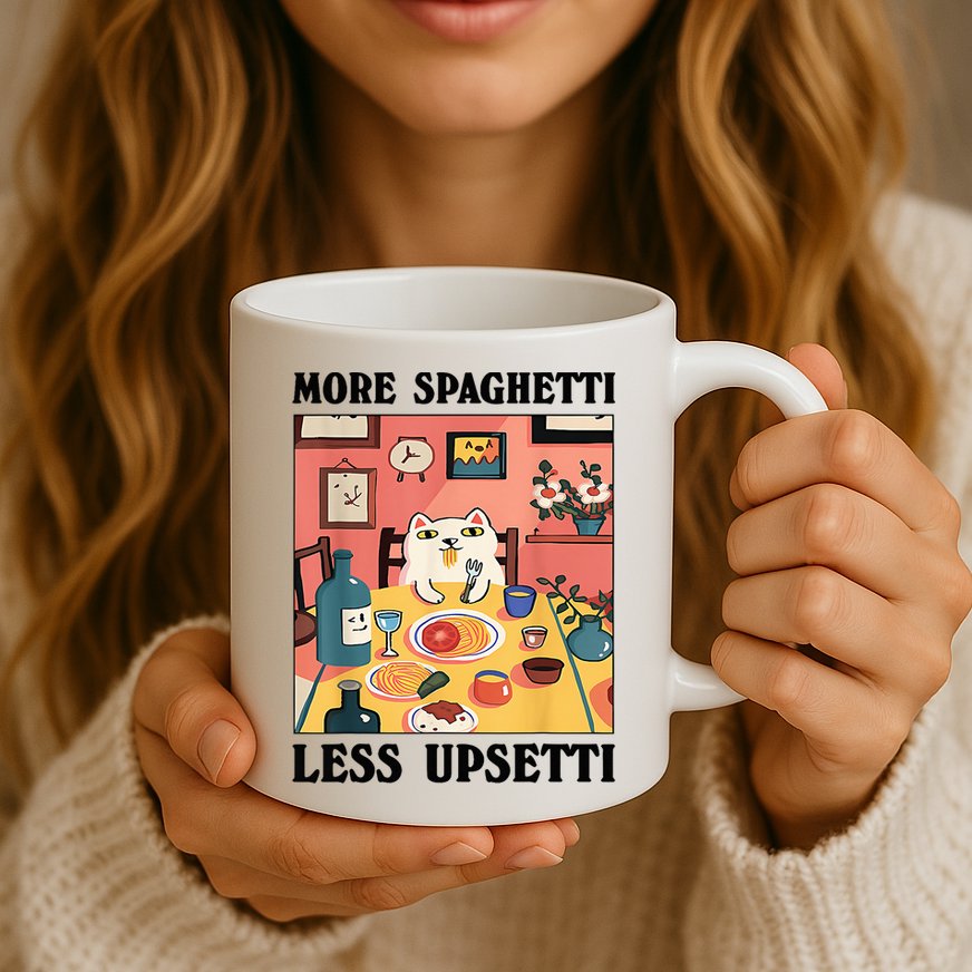 More Spaghetti Less Upsetti Cat Eating Spaghetti Mug