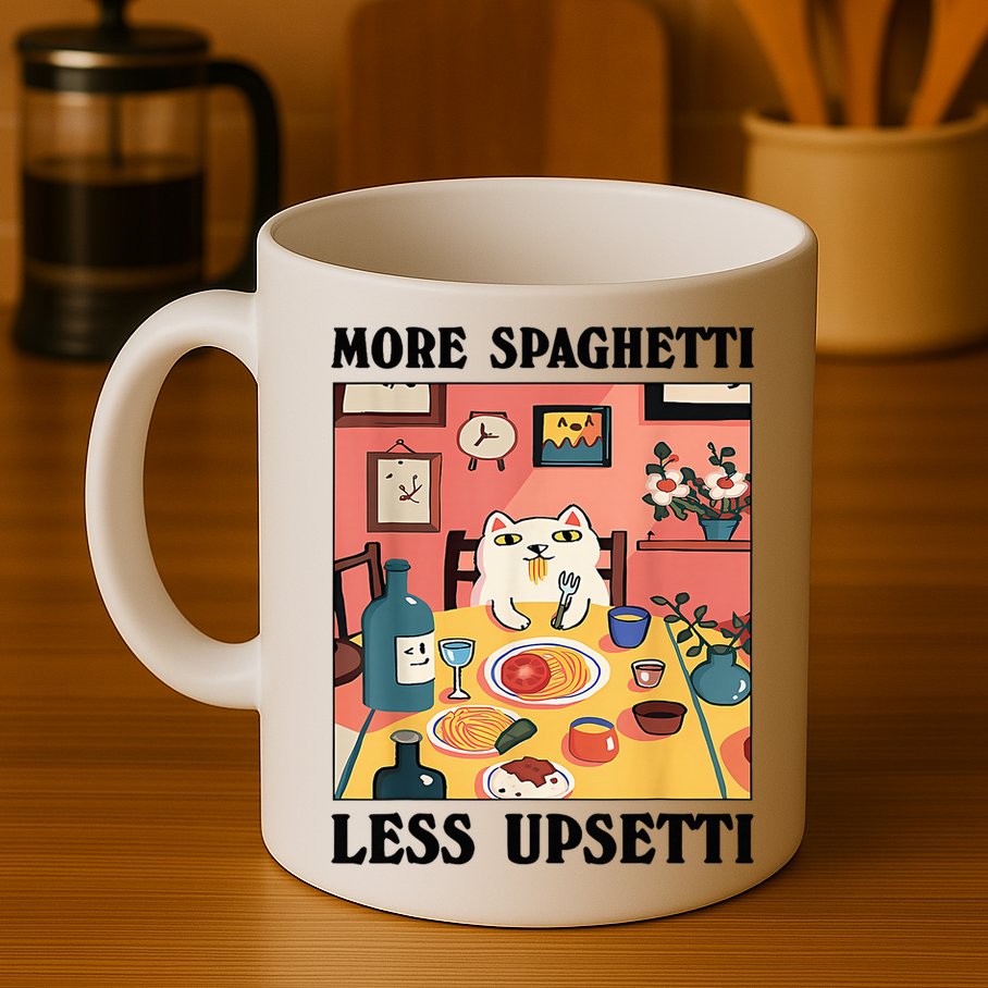 More Spaghetti Less Upsetti Cat Eating Spaghetti Mug