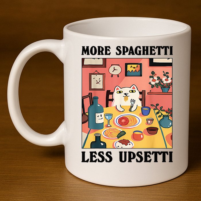 More Spaghetti Less Upsetti Cat Eating Spaghetti 11oz C Handle Ceramic Mug