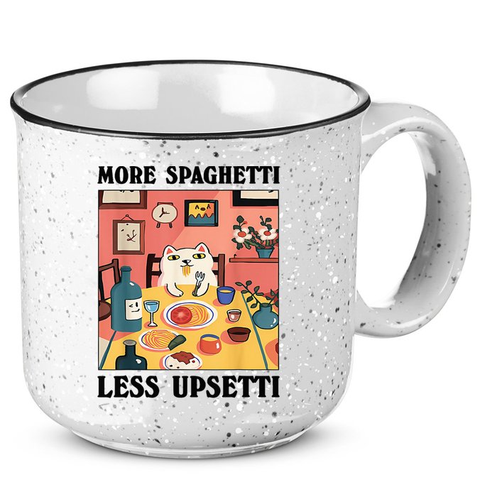 More Spaghetti Less Upsetti Cat Eating Spaghetti 15oz Campfire Ceramic Mug