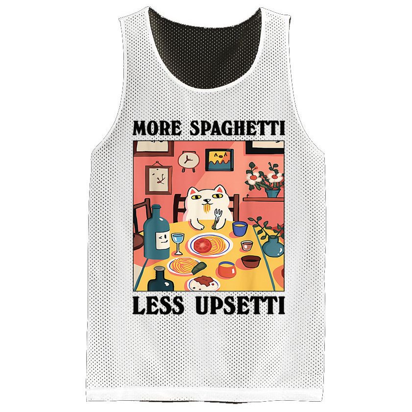 More Spaghetti Less Upsetti Cat Eating Spaghetti Mesh Reversible Basketball Jersey Tank