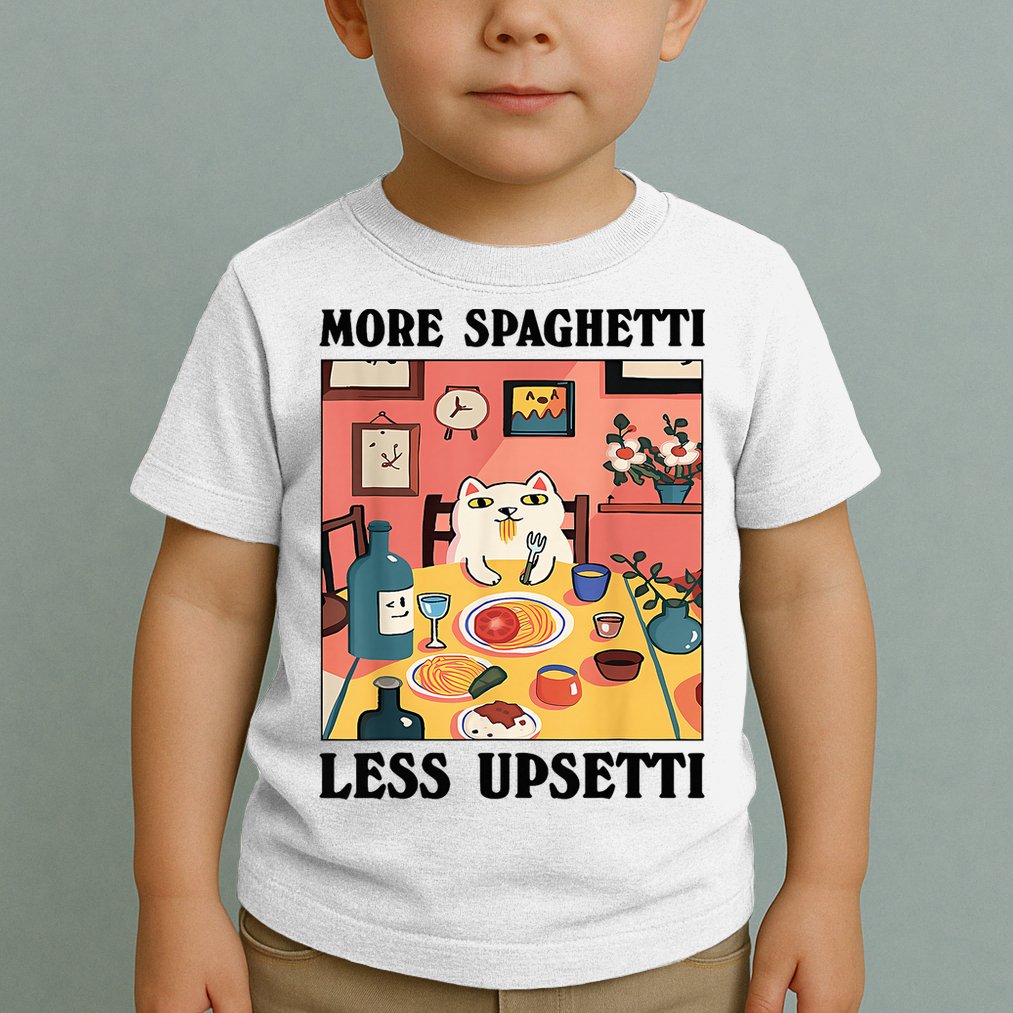 More Spaghetti Less Upsetti Cat Eating Spaghetti Toddler T-Shirt
