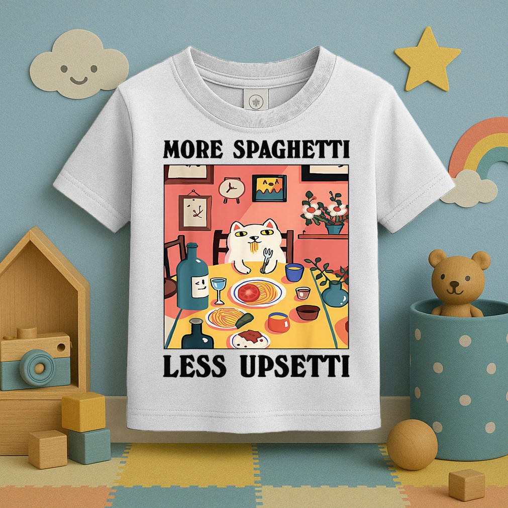 More Spaghetti Less Upsetti Cat Eating Spaghetti Toddler T-Shirt