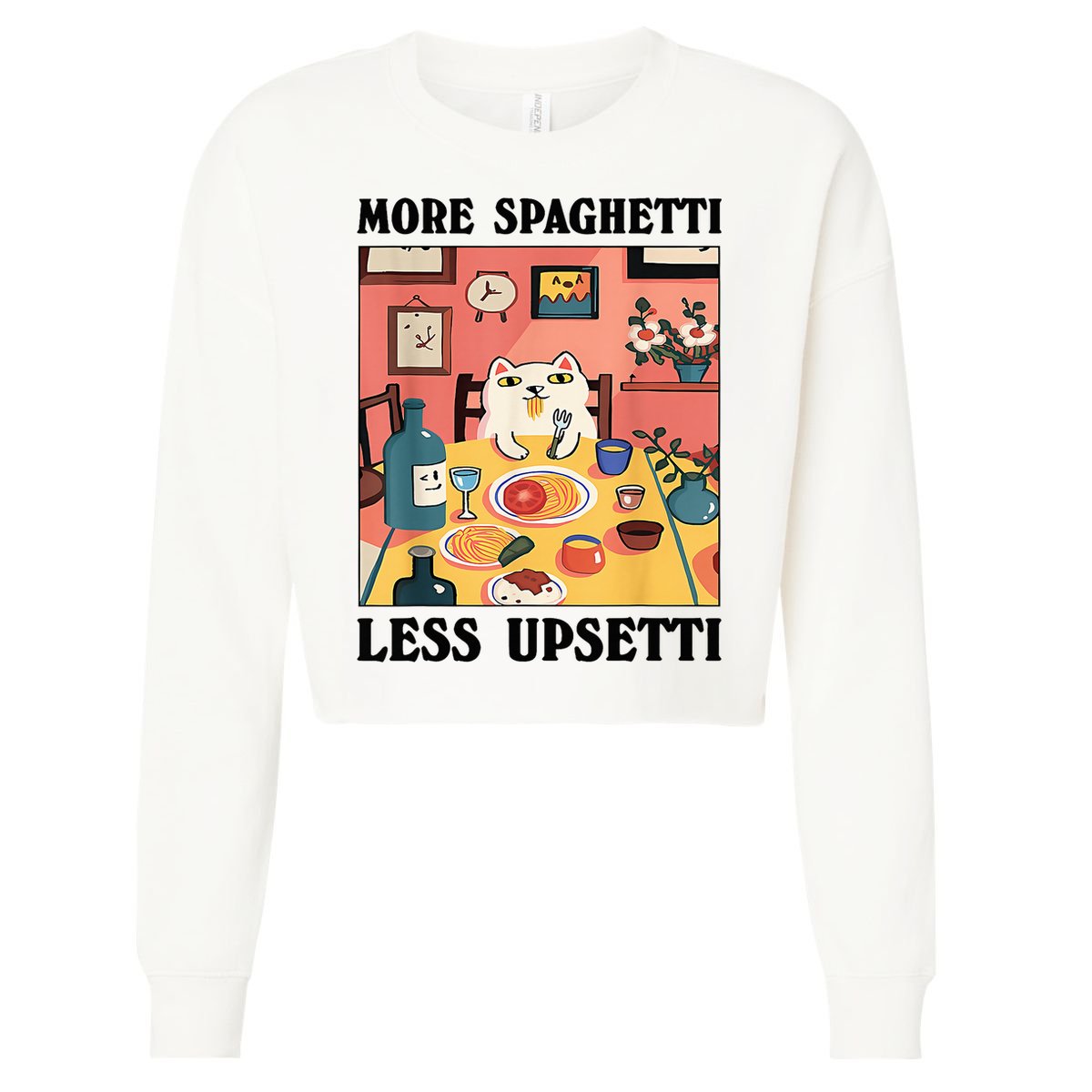 More Spaghetti Less Upsetti Cat Eating Spaghetti Cropped Pullover Crew