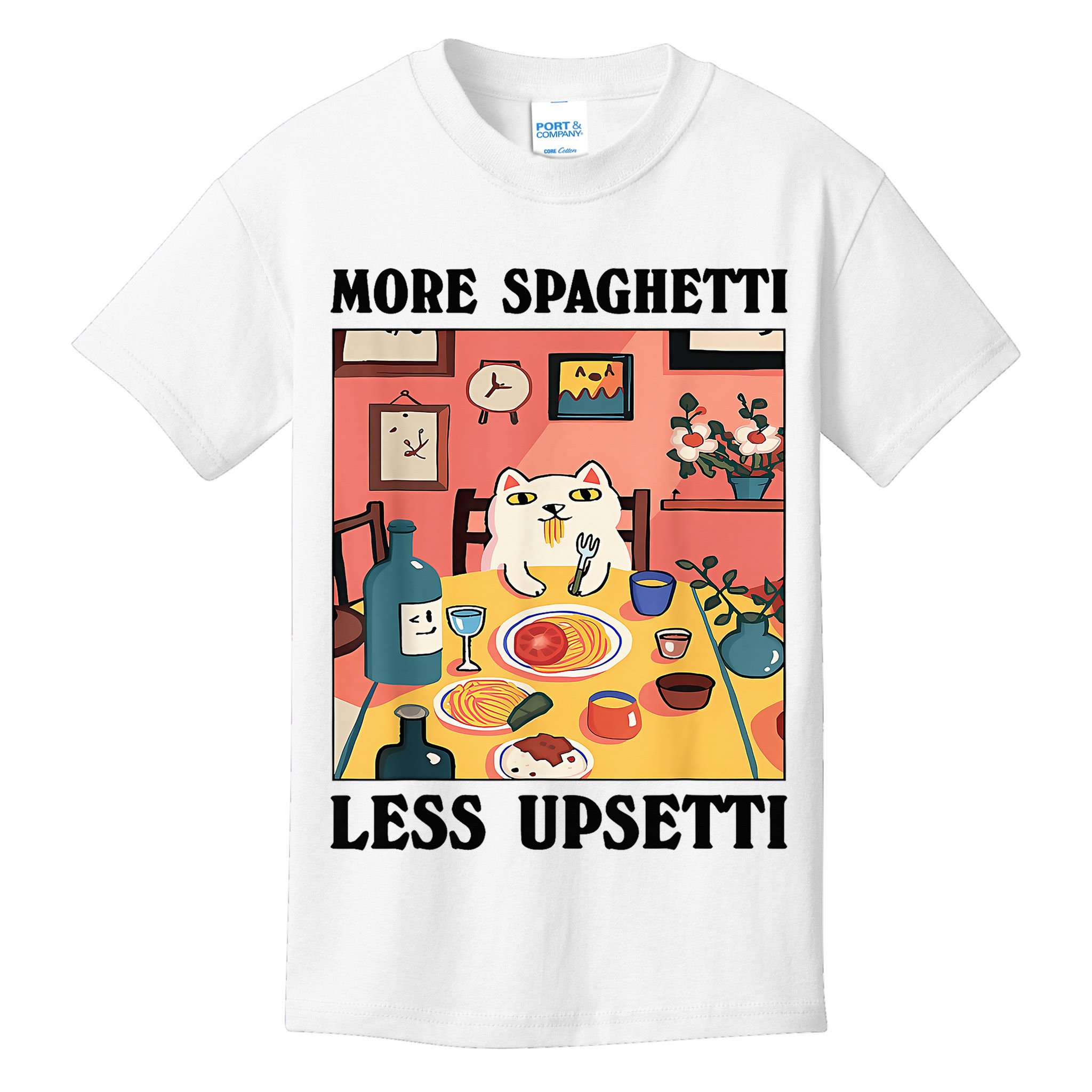 More Spaghetti Less Upsetti Cat Eating Spaghetti Kids T-Shirt