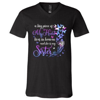 My Sister Lives In Heaven Memorial Quotes Brother Sis V-Neck T-Shirt