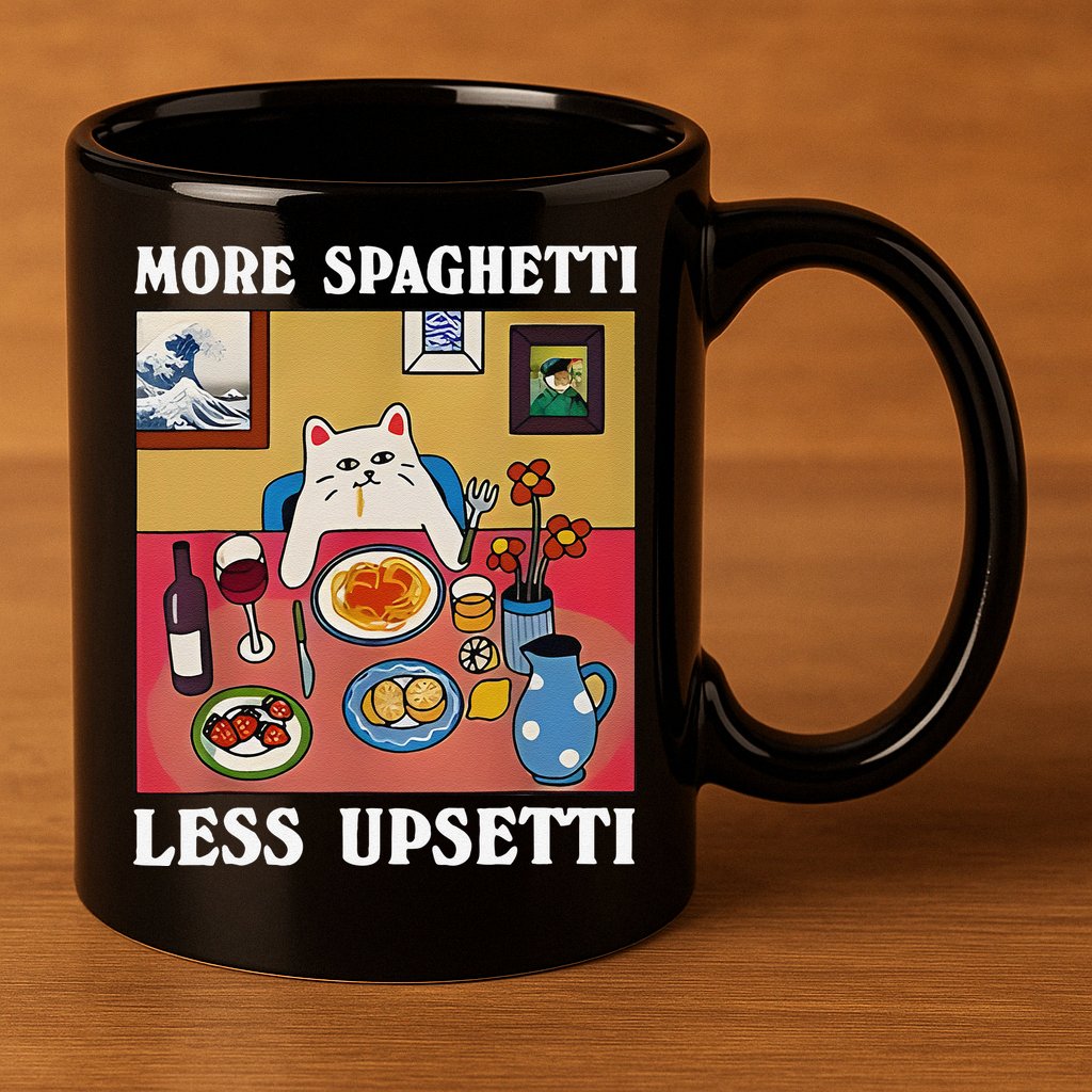 More Spaghetti Less Upsetti Funny Cute Cat Saying Quote Gift 11oz C Handle Ceramic Mug