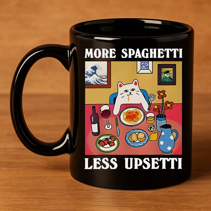 More Spaghetti Less Upsetti Funny Cute Cat Saying Quote Gift 11oz C Handle Ceramic Mug