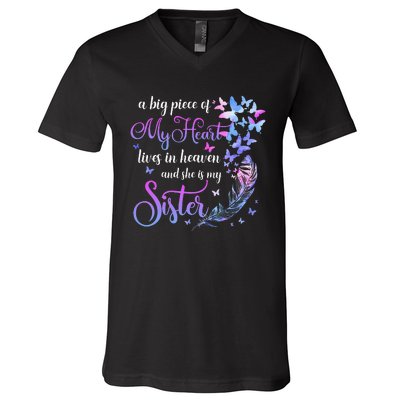 My Sister Lives In Heaven Memorial Quotes Brother Sis V-Neck T-Shirt