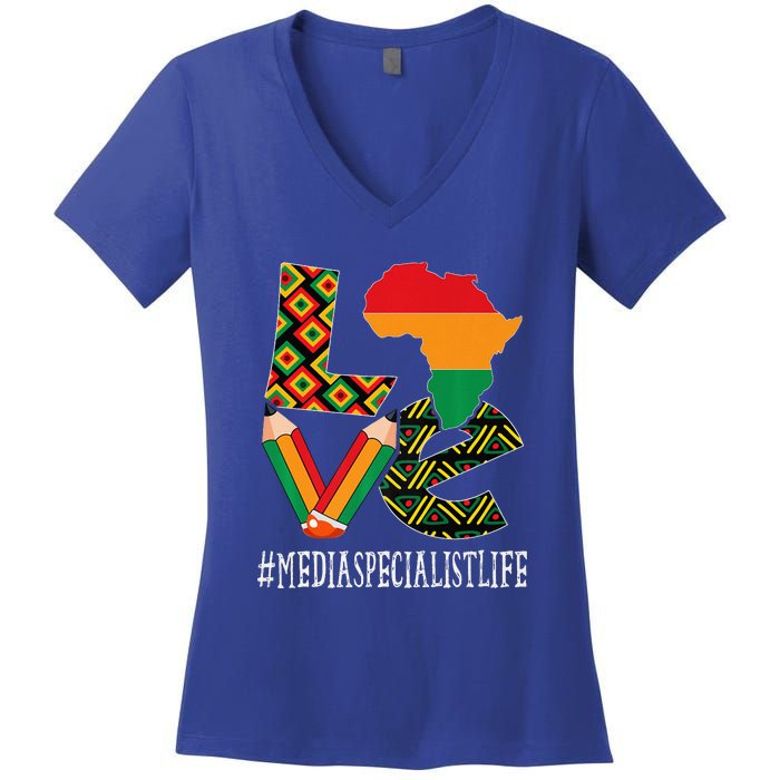 Media Specialist Love African American BHM Women's V-Neck T-Shirt