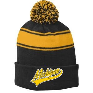 Michigan Script Logo Stripe Pom Pom Beanie