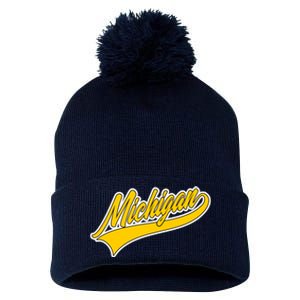 Michigan Script Logo Pom Pom 12in Knit Beanie