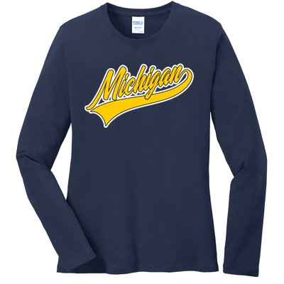 Michigan Script Logo Ladies Long Sleeve Shirt