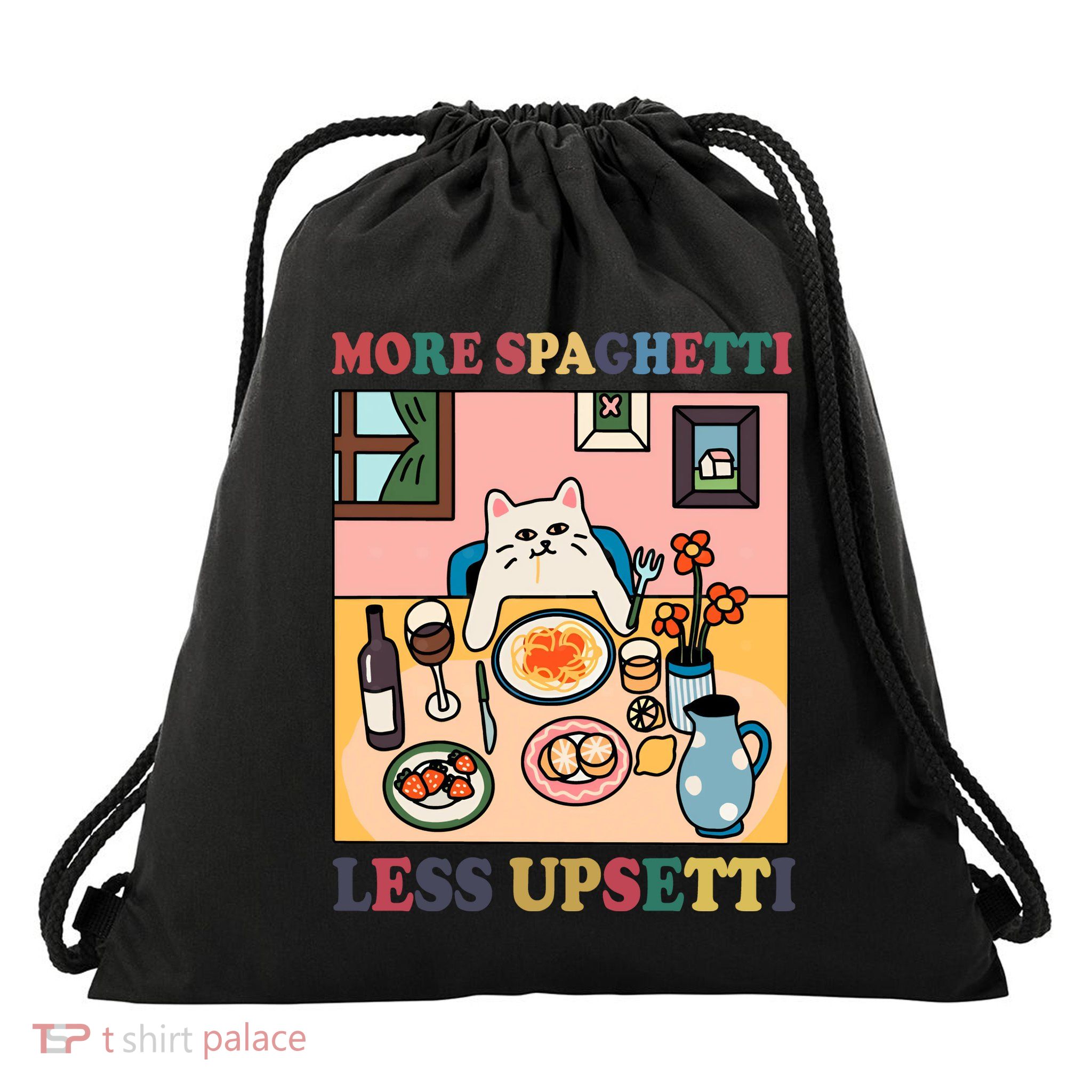 More Spaghetti Less Upsetti Cat Drawstring Bag