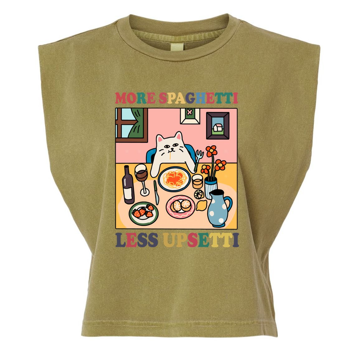 More Spaghetti Less Upsetti Cat Garment-Dyed Women's Muscle Tee