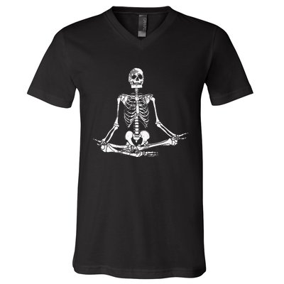 Meditating Skeleton Lazy Halloween Costume Funny Skull Yoga V-Neck T-Shirt