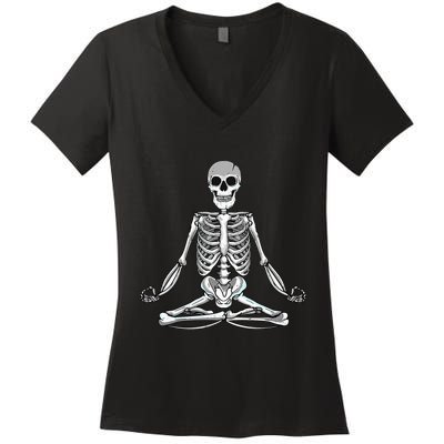 Meditating Skeleton Lotus Yoga Zen Balance Halloween Costume Women's V-Neck T-Shirt