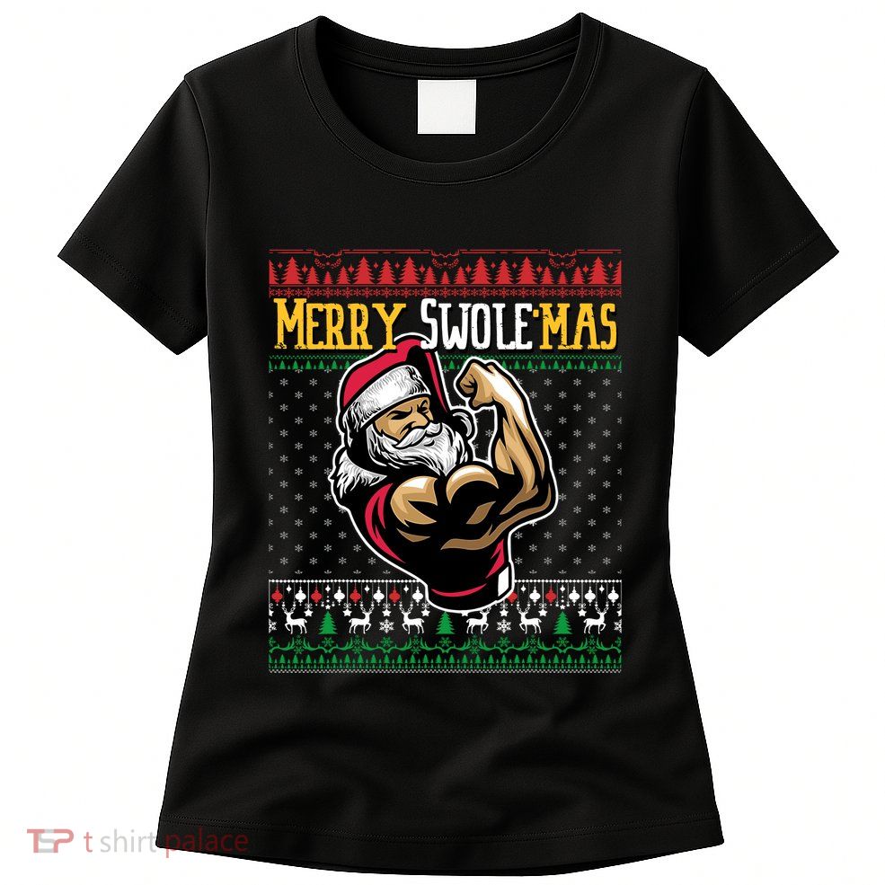 Merry Swole Mas Funny Christmas Gym & Work Out Santa Flexing Womens T-Shirt