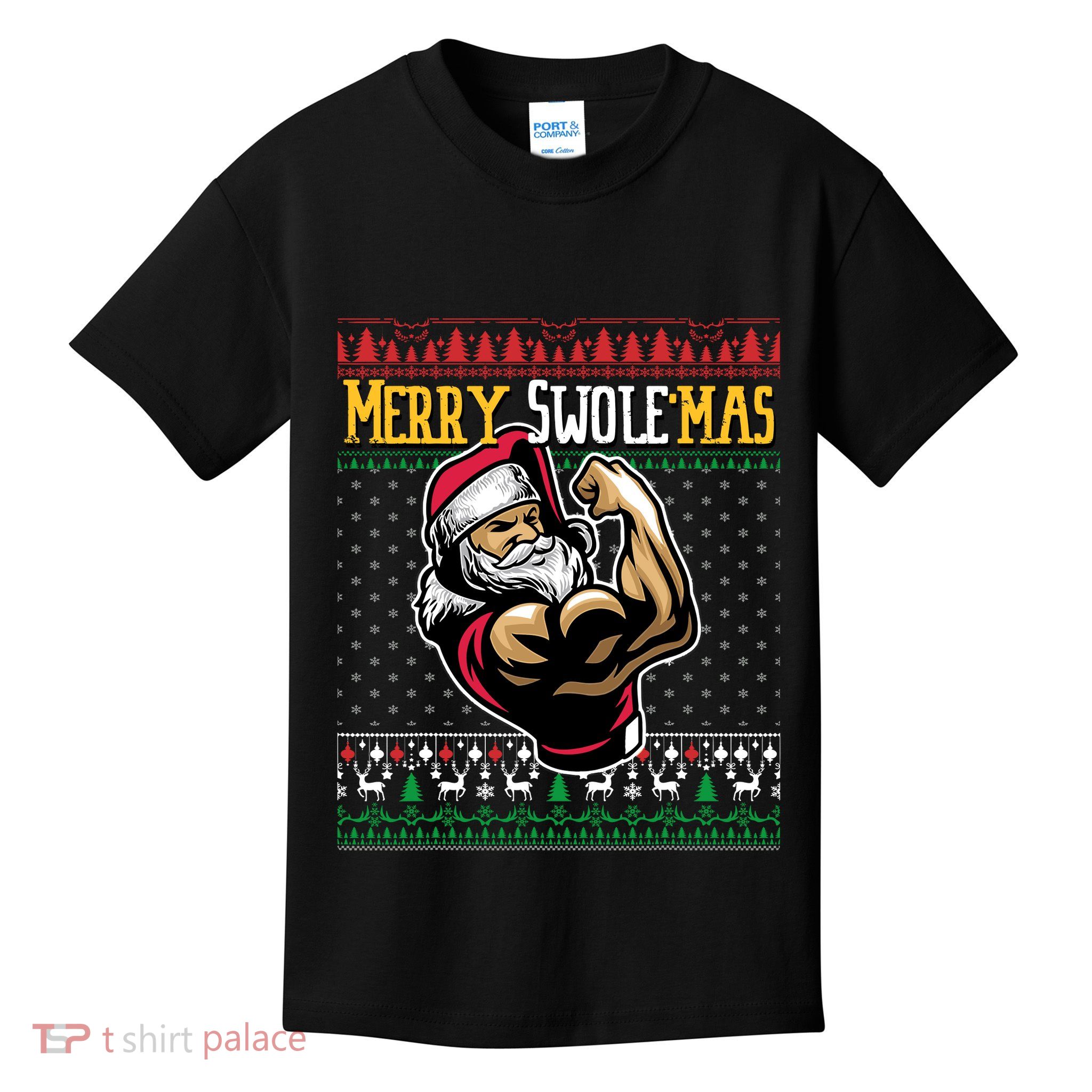 Merry Swole Mas Funny Christmas Gym & Work Out Santa Flexing Kids T-Shirt