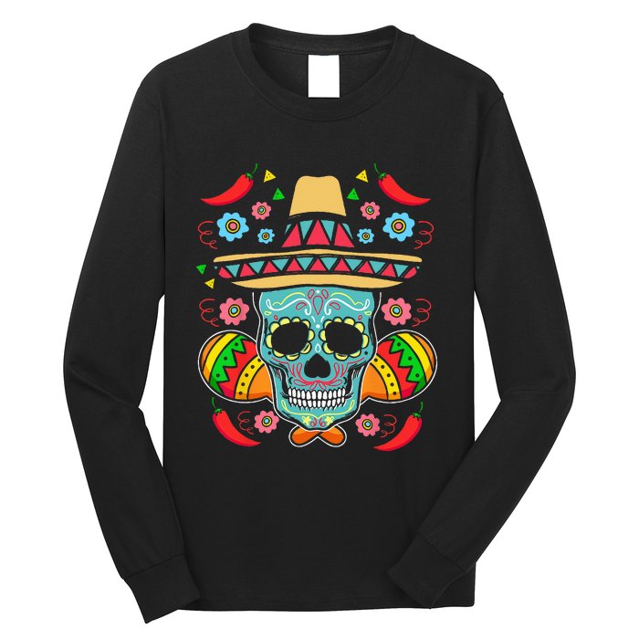 Mexican Skull Mariachi Pepper Fiesta Cinco De Mayo Long Sleeve Shirt