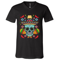 Mexican Skull Mariachi Pepper Fiesta Cinco De Mayo V-Neck T-Shirt