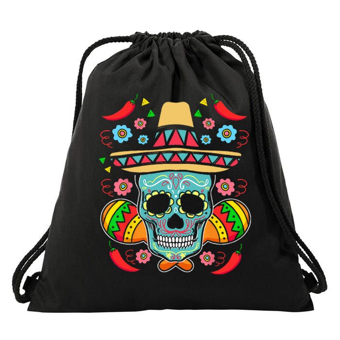 Mexican Skull Mariachi Pepper Fiesta Cinco De Mayo Drawstring Bag