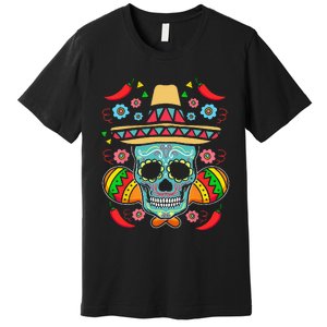 Mexican Skull Mariachi Pepper Fiesta Cinco De Mayo Premium T-Shirt