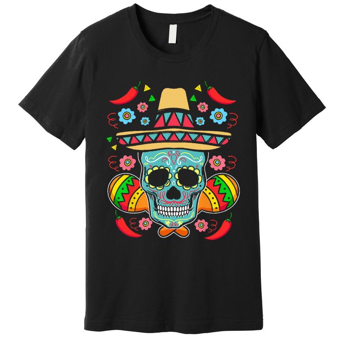 Mexican Skull Mariachi Pepper Fiesta Cinco De Mayo Premium T-Shirt