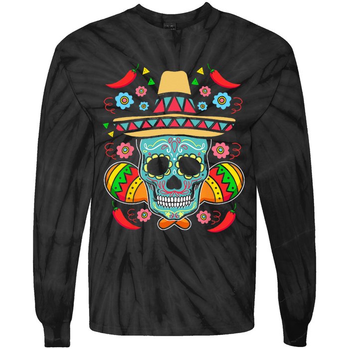 Mexican Skull Mariachi Pepper Fiesta Cinco De Mayo Tie-Dye Long Sleeve Shirt