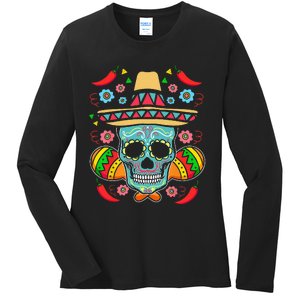 Mexican Skull Mariachi Pepper Fiesta Cinco De Mayo Ladies Long Sleeve Shirt