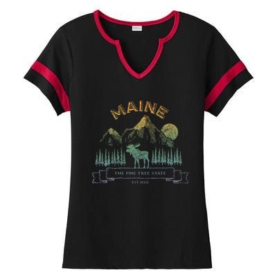 Maine State Moose Lovers Trees Vintagelook Souvenir Graphic Gift Ladies Halftime Notch Neck Tee