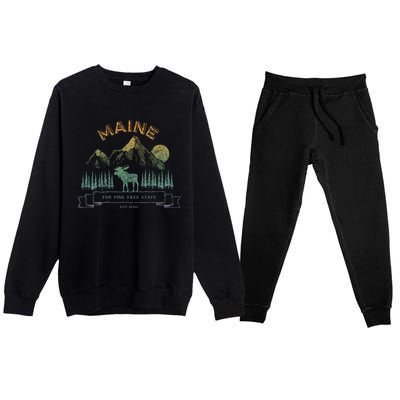 Maine State Moose Lovers Trees Vintagelook Souvenir Graphic Gift Premium Crewneck Sweatsuit Set