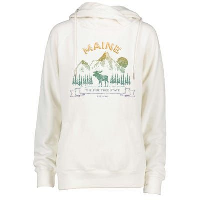 Maine State Moose Lovers Trees Vintagelook Souvenir Graphic Gift Womens Funnel Neck Pullover Hood