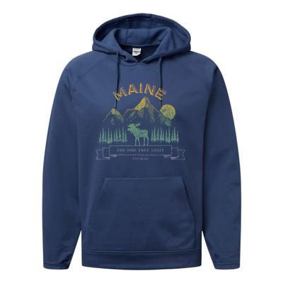 Maine State Moose Lovers Trees Vintagelook Souvenir Graphic Gift Performance Fleece Hoodie