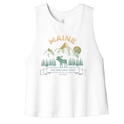 Maine State Moose Lovers Trees Vintagelook Souvenir Graphic Gift Women's Racerback Cropped Tank