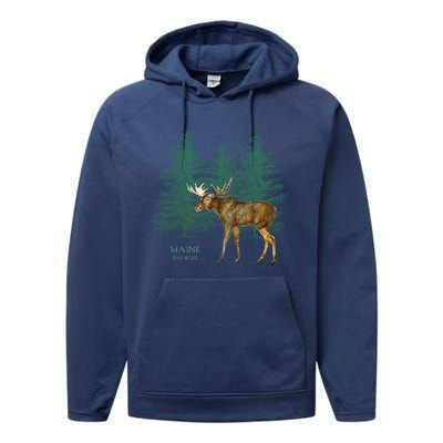 Maine State Moose Lovers Trees Vintagelook Souvenir Gift Performance Fleece Hoodie