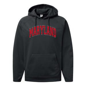 Maryland State Md Red Text Performance Fleece Hoodie