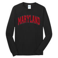 Maryland State Md Red Text Tall Long Sleeve T-Shirt