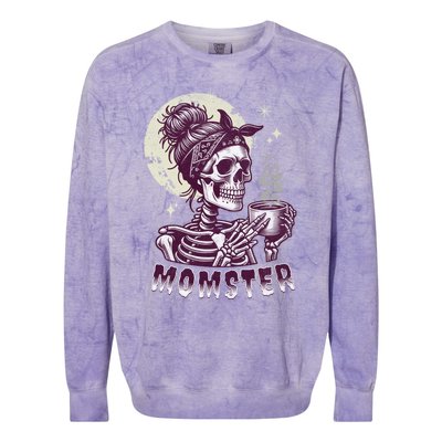 Momster Skull Mom Coffee Lover Halloween Messy Hair Bun Mama Gift Colorblast Crewneck Sweatshirt